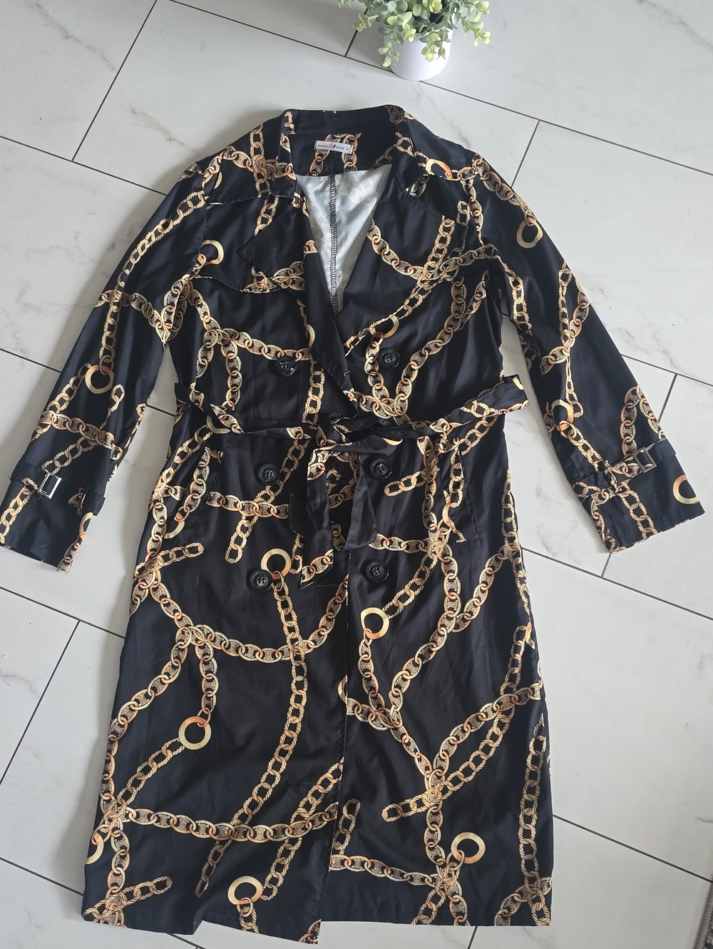 Black Chain-Print Trench Coat with Belt by